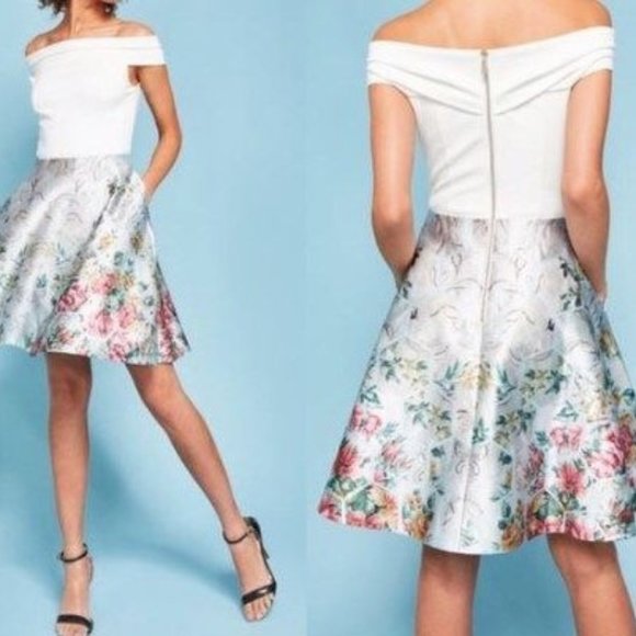 Ted Baker Dress Blue White Floral Patchwork Bardot - Picture 1 of 3